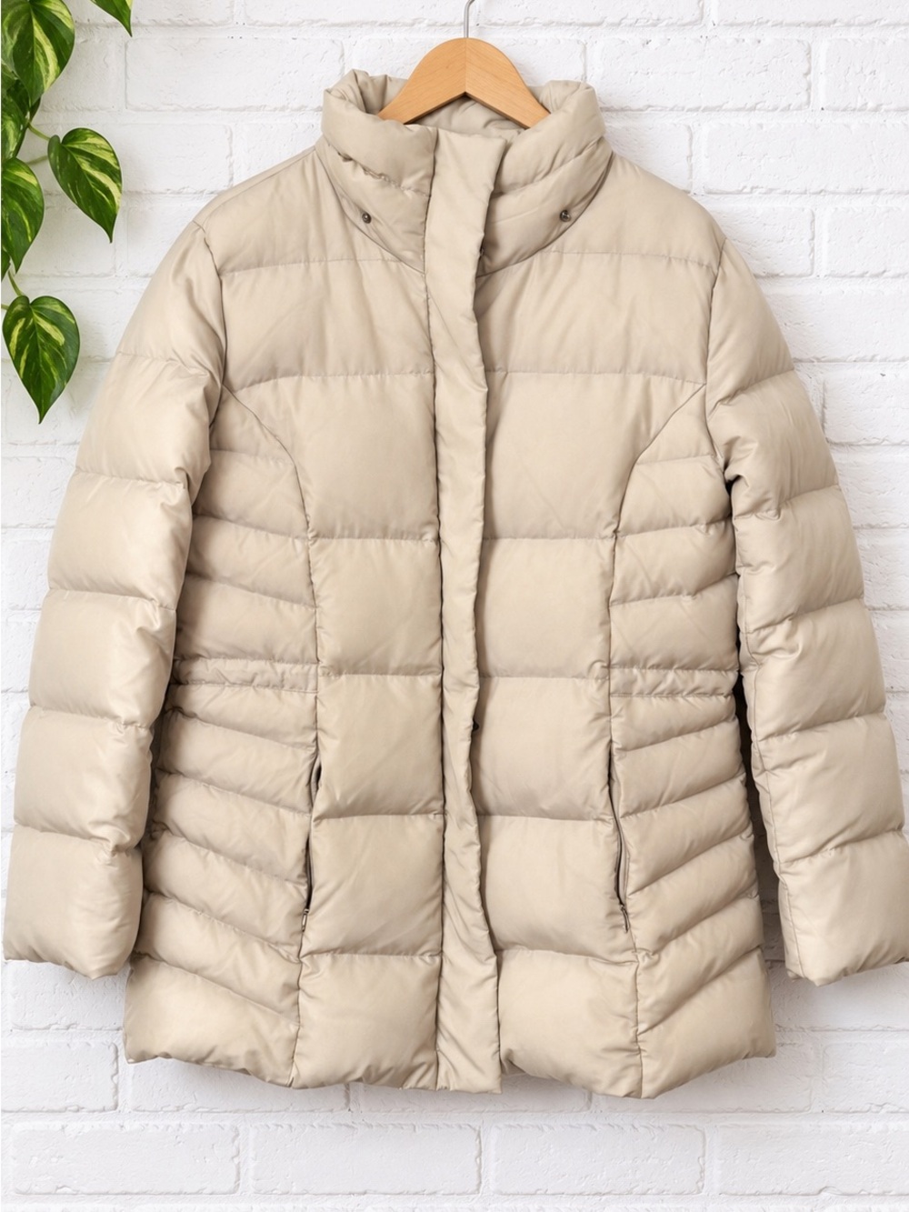 Calvin Klein XL Beige Down Puffer Coat 3/4 Length Quilted Winter Jacket NO HOOD